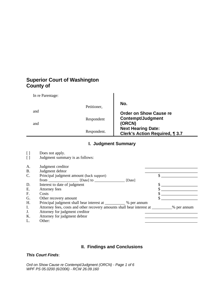 WPF PS 05 0200 Order on Show Cause Regarding Contempt Judgment ORCN Washington  Form