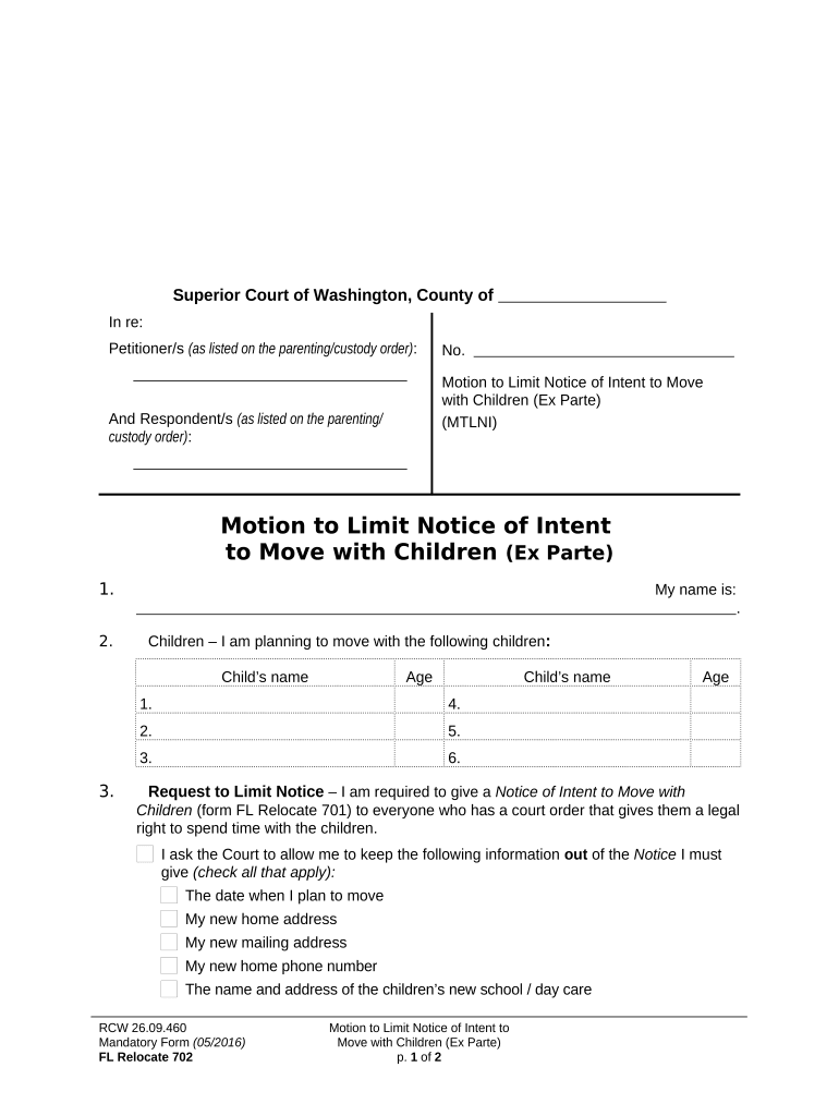 WPF DRPSCU07 0550 Motion Declaration for Ex Parte Order to Waive Requirements for Notice of Intended Relocation of Children Wash  Form