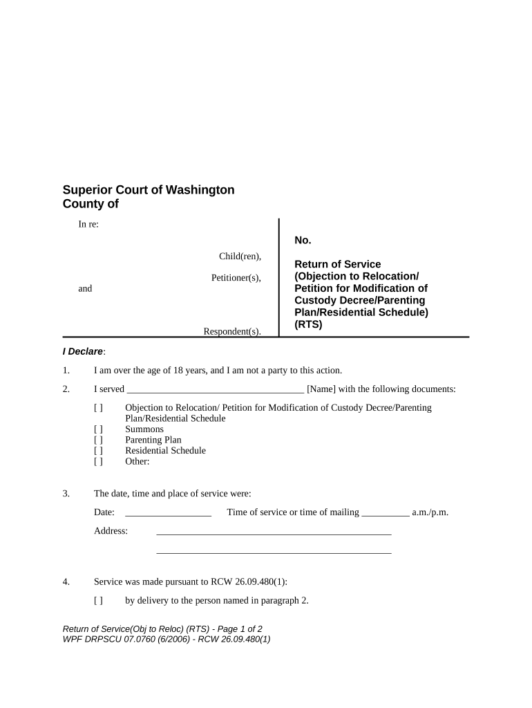 WPF DRPSCU07 0760 Return of Service Objection to Relocation Petition for Modification or Amendment of Custody Decree Parenting P  Form