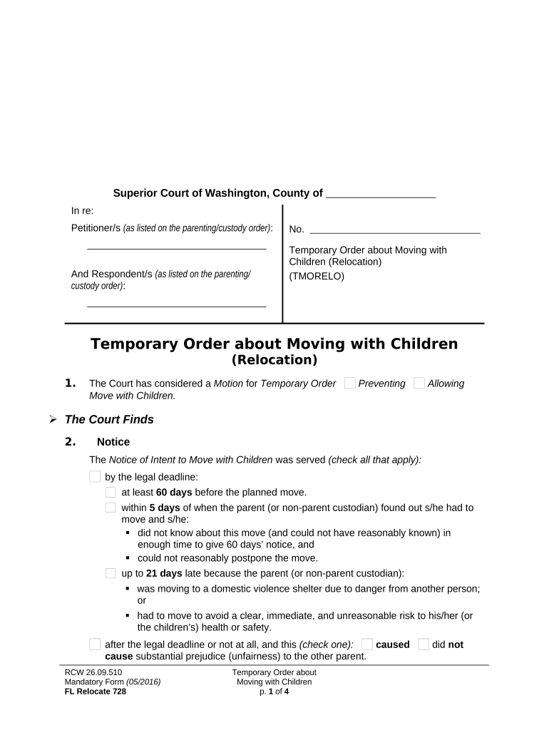 WPF DRPSCU07 0890 Temporary Order Regarding Relocation of Children Washington  Form