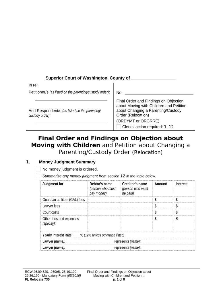 WPF DRPSCU07 0900 Order Re Objection to Relocation Modification or Amendment of Custody Decree Parenting Plan Residential Schedu  Form