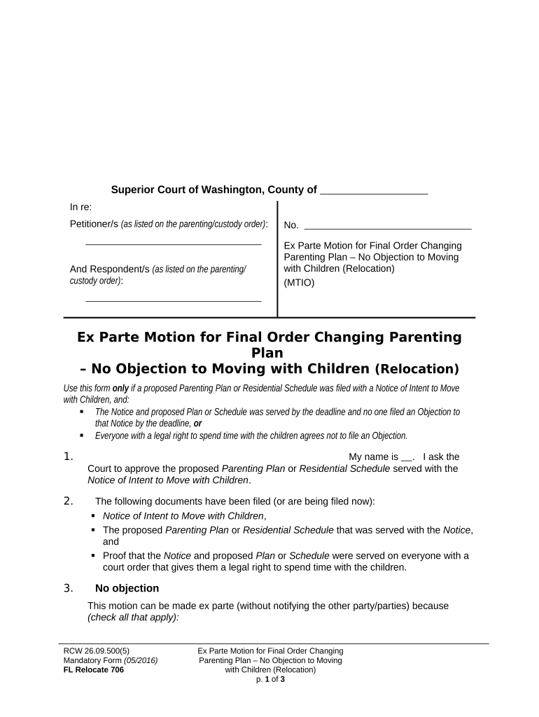 WPF DRPSCU07 0950 Motion Declaration for Ex Parte Order Modifying Parenting Plan Residential Schedule Relocation Washington  Form
