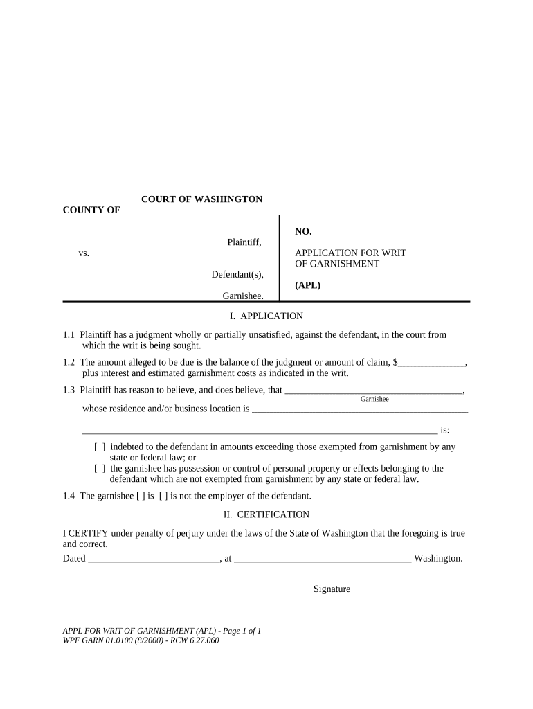 WPF GARN 01 0100 Application for Writ of Garnishment Washington  Form