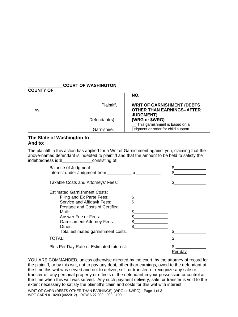 WPF GARN 01 0200 Writ of Garnishment Debts Other Than Earnings After Judgment Washington  Form
