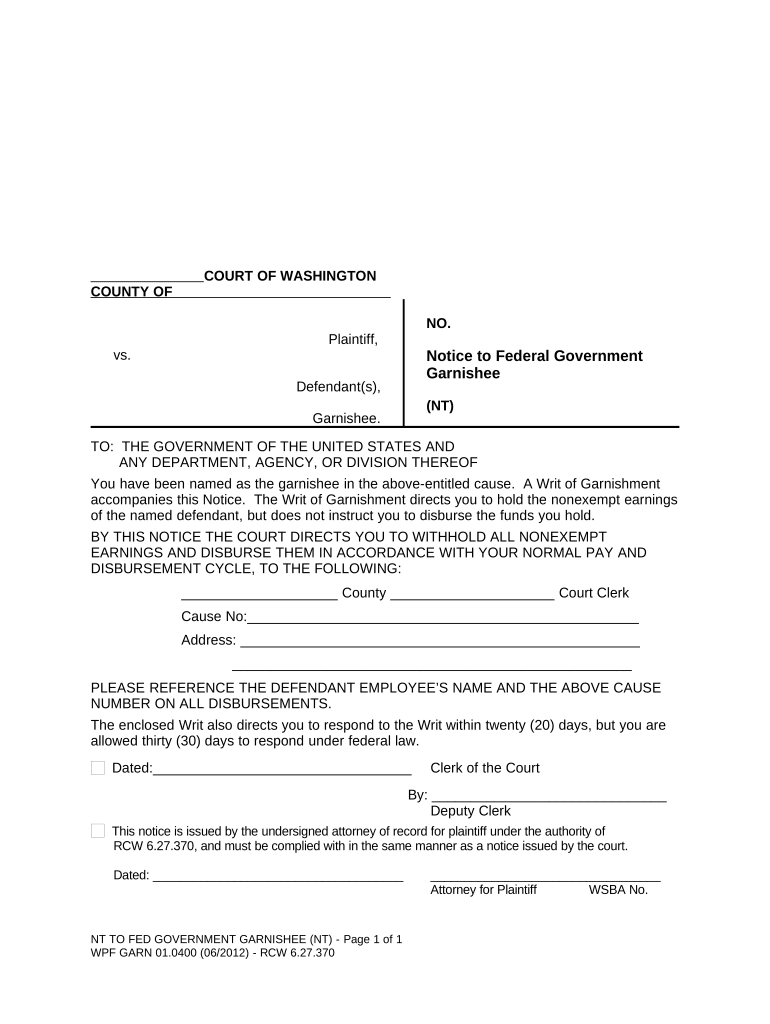 WPF GARN 01 0400 Notice to Federal Government Garnishee Washington  Form
