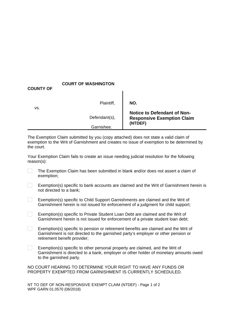 WPF GARN 01 0570 Notice to Defendant of Non Responsive Exemption Claim Washington  Form