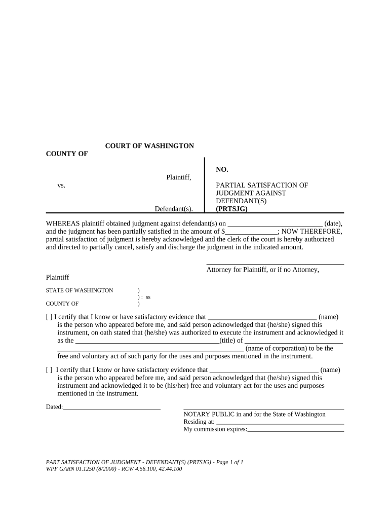 WPF GARN 01 1250 Partial Satisfaction of Judgment Against Defendants Washington  Form