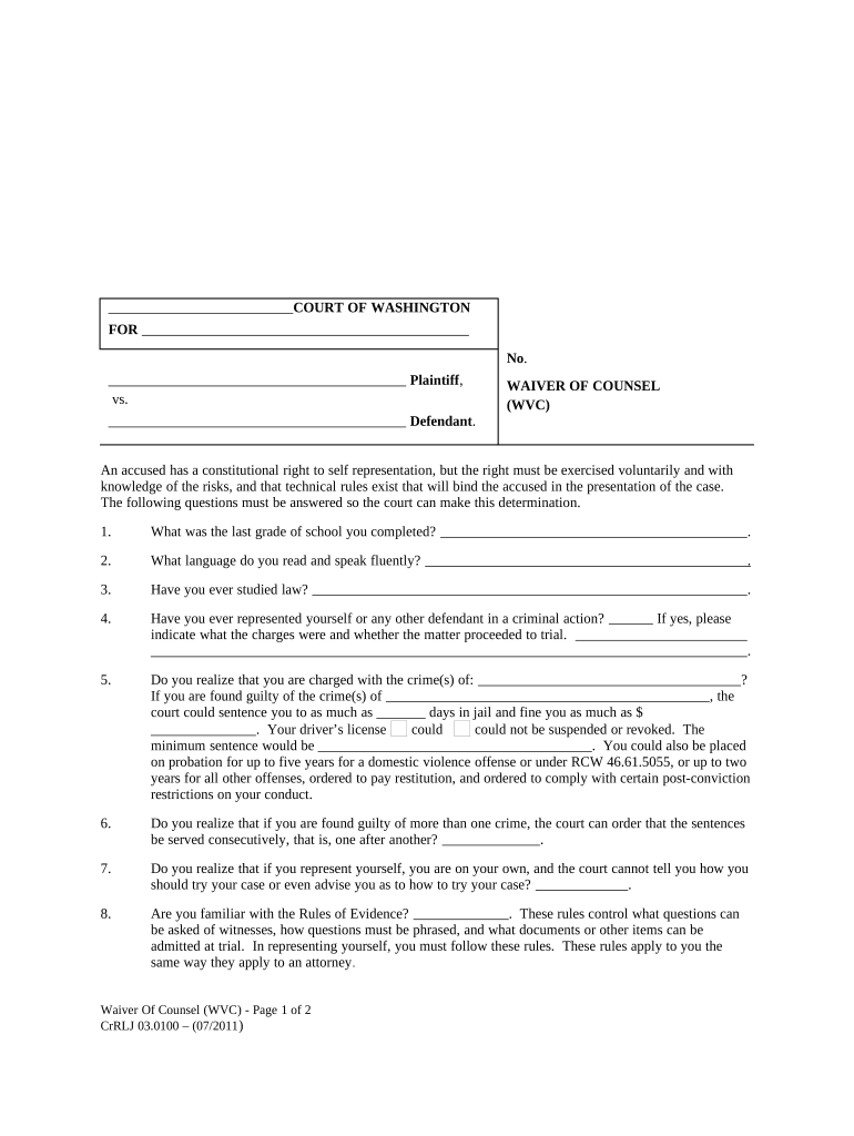 Wa Waiver Agreement  Form