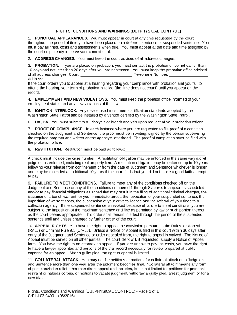 CrRLJ 03 0400 Rights, Conditions and Warnings DUI PHYSICAL CONTROL for Use with Form CrRLJ07 0100 Washington