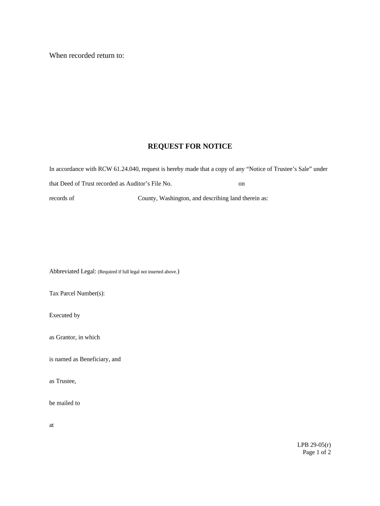 Request for Notice with Representative Acknowledgment Washington  Form