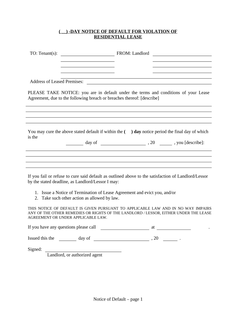 Variable Day Notice of Breach Other Than Nonpayment of Rent Residential Washington Form
