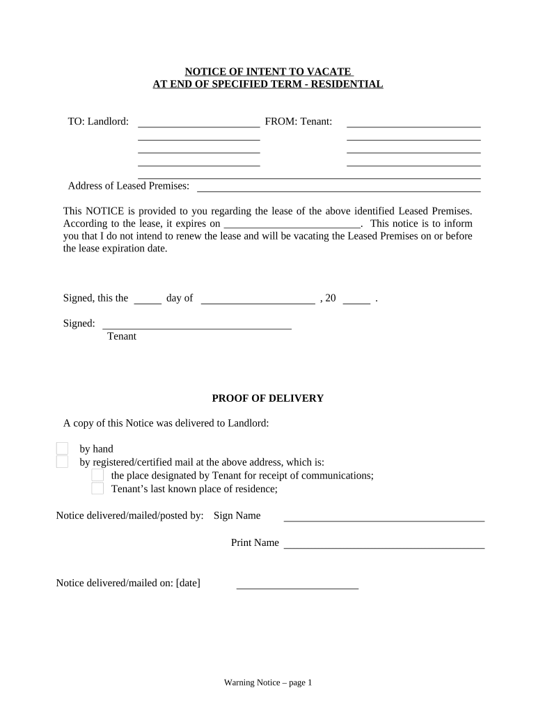 Notice of Intent to Vacate at End of Specified Lease Term from Tenant to Landlord for Residential Property Washington  Form