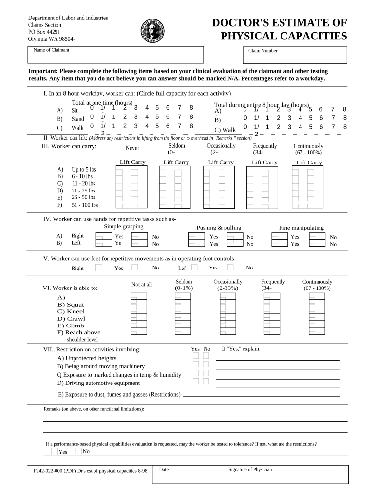 Doctor Estimate of Physical Capacities Washington  Form