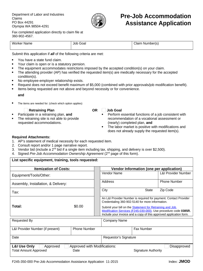 Pre Job Modification Accommodation Assistant Application Washington  Form