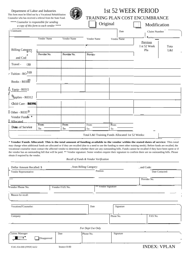 1st 52 Week Period Training Plan Cost Encumbrance Washington  Form