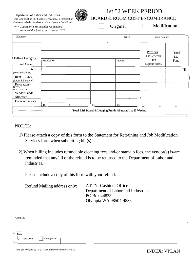 1st 52 Week Period Board and Room Cost Encumbrance Washington  Form