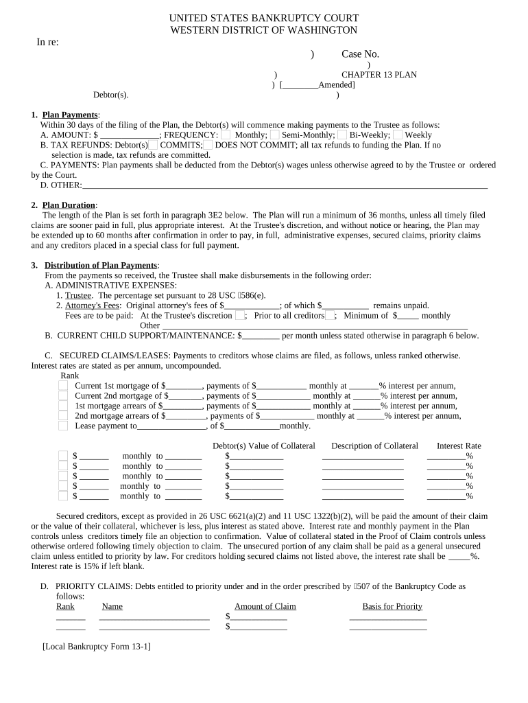 Chapter 13 Plan Fillable  Form