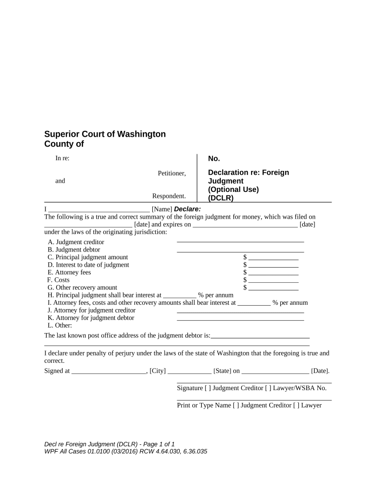 Declaration Regarding Foreign Judgment DCLRFJ Washington  Form