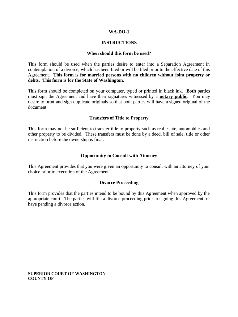 Marital Domestic Separation and Property Settlement Agreement for Persons with No Children, No Joint Property or Debts Where Div  Form