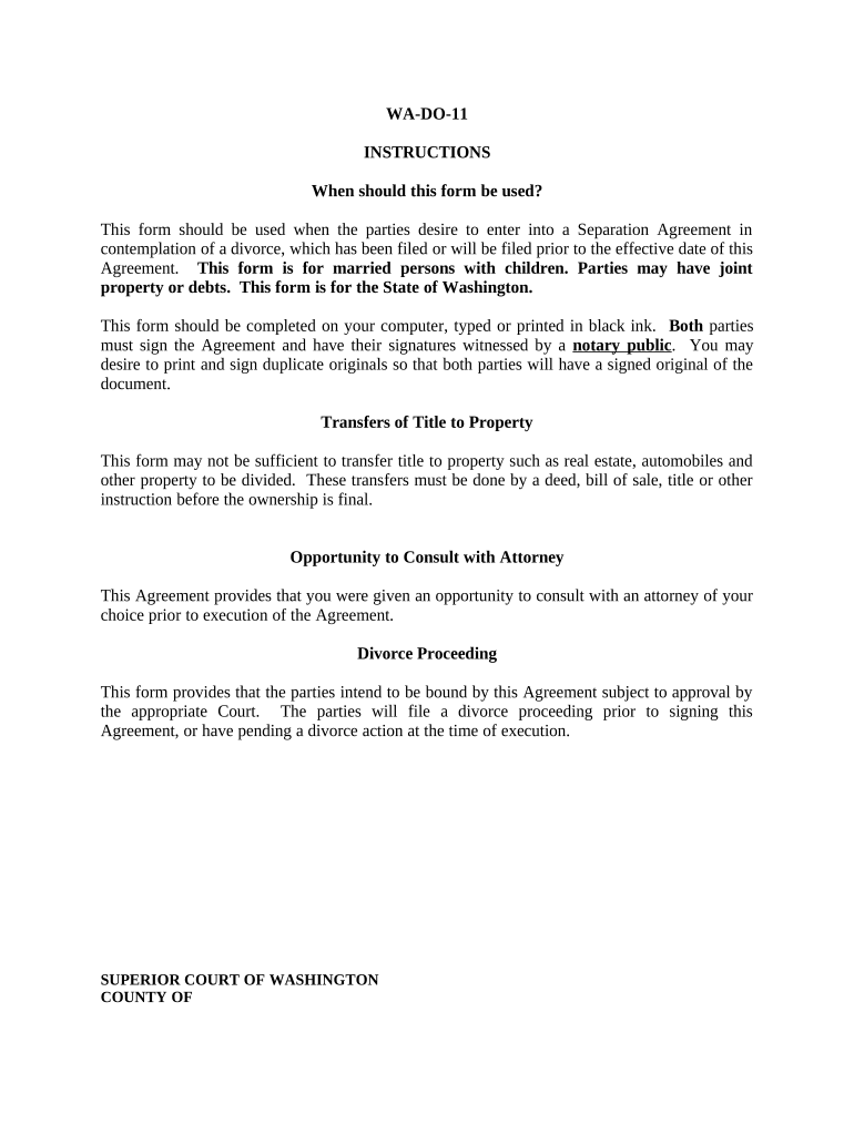 Marital Domestic Separation and Property Settlement Agreement Minor Children Parties May Have Joint Property or Debts Where Divo  Form