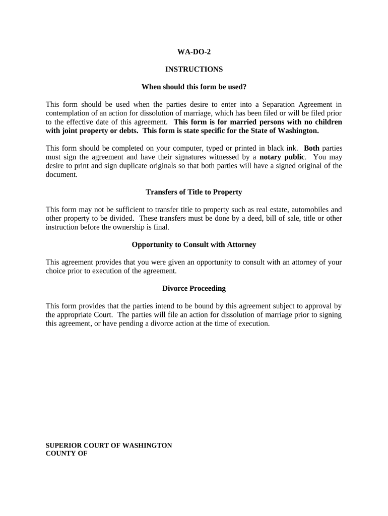 Marital Domestic Separation and Property Settlement Agreement No Children Parties May Have Joint Property or Debts Where Divorce  Form