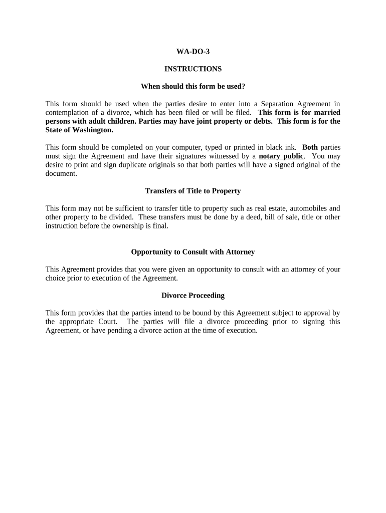 Marital Domestic Separation and Property Settlement Agreement Adult Children Parties May Have Joint Property or Debts Where Divo  Form