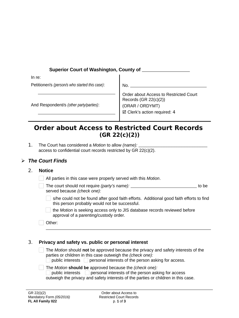 Order Regarding Access to Records under GR 22c3 Washington  Form
