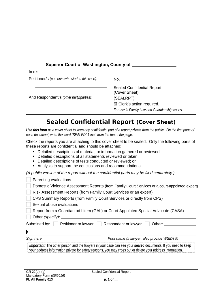 WPF DRPSCU 09 0270 Sealed Confidential Reports Cover Sheet Washington  Form