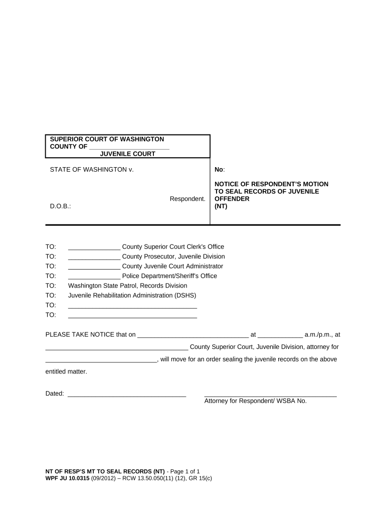 Notice of Respondent's Motion to Seal Records of Juvenile Offender Washington  Form