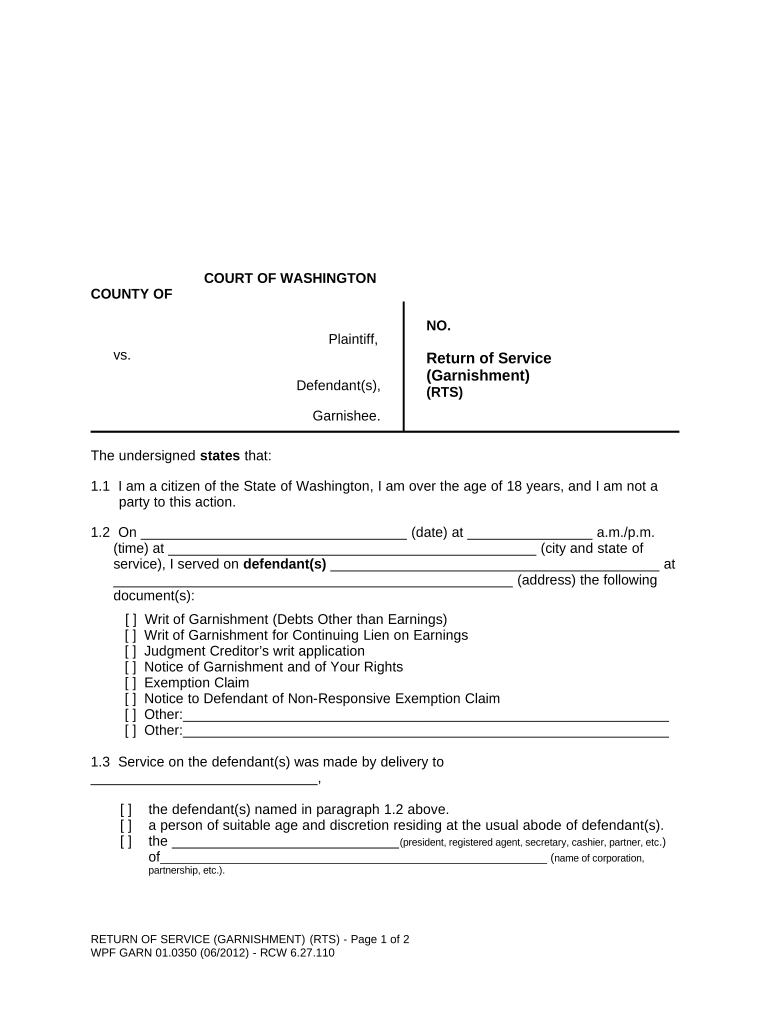 WPF GARN 01 0350 Return of Service Washington  Form