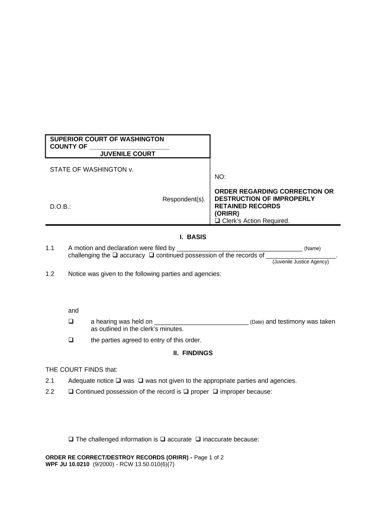 JU 10 0210 Order Regarding Correction or Destruction of Improperly Retained Records Washington  Form