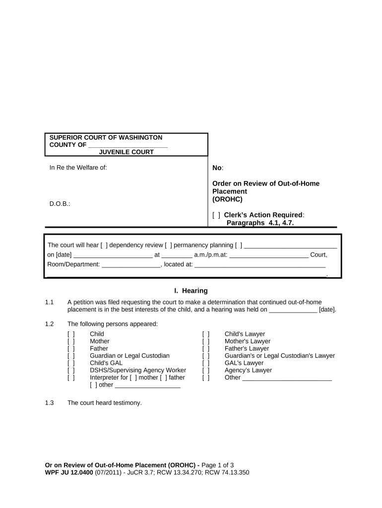 JU 12 0400 Order on Review of Out of Home Placement Washington  Form