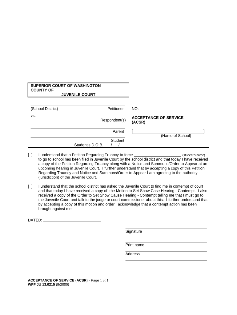 JU 13 0215 Acceptance of Service Washington  Form