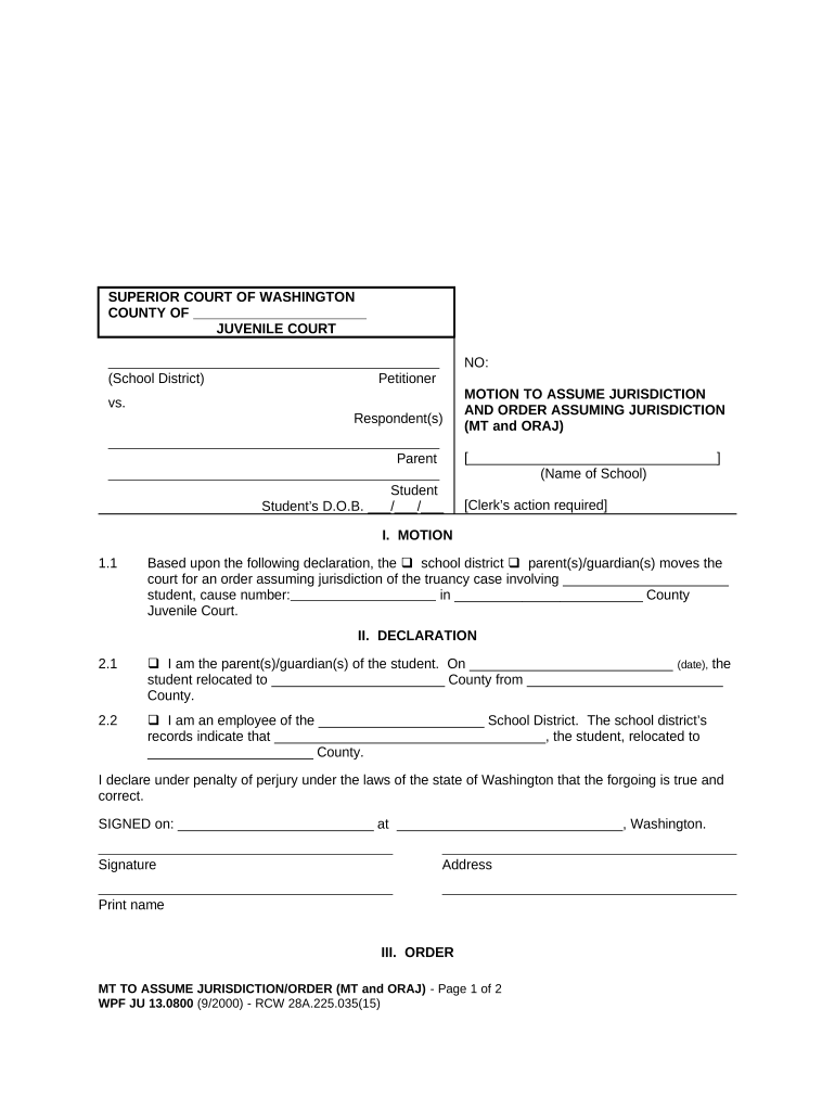 JU 13 0800 Motion to Assume Jurisdiction and Order Assuming Jurisdiction Washington  Form