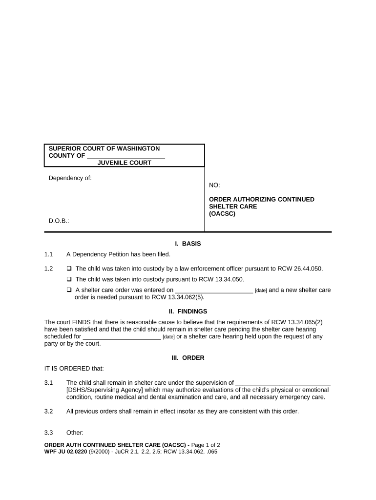 JU 02 0220 Order Authorizing Continued Shelter Care Washington  Form