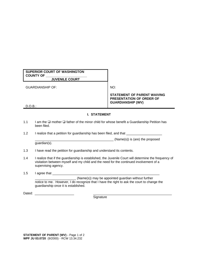 JU 03 0720 Statement of Parent Waiving Presentation of Order of Guardianship WV Washington  Form