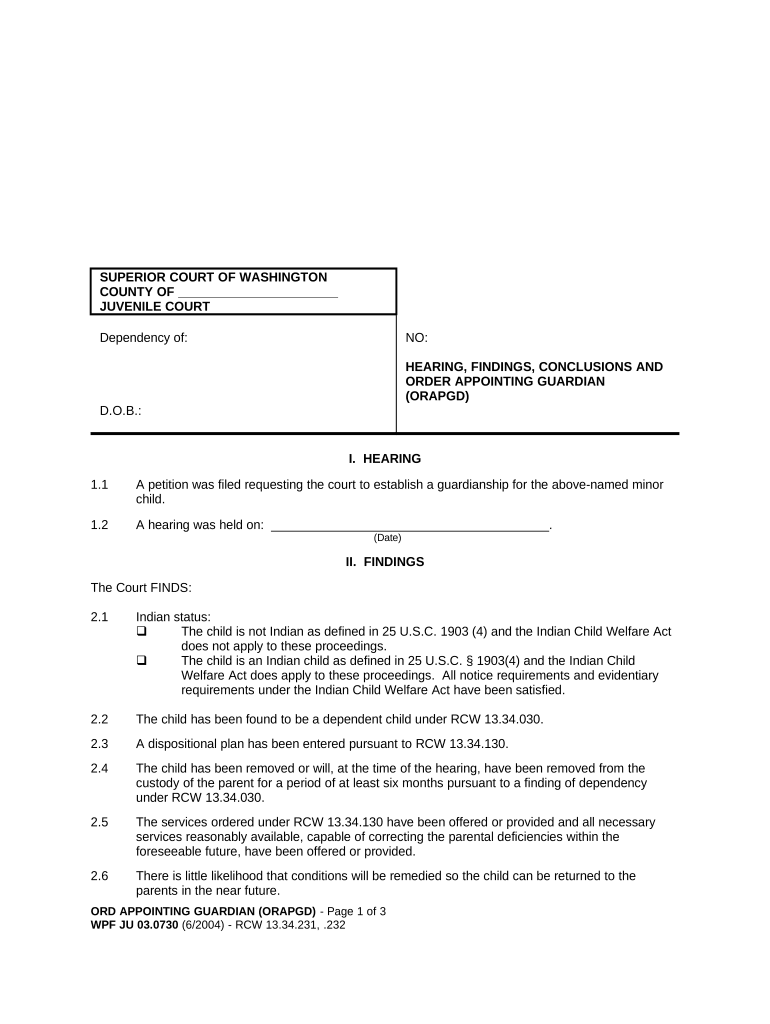 JU 03 0730 Hearing, Findings, Conclusions and Order Appointing Guardian ORAPGD Washington  Form