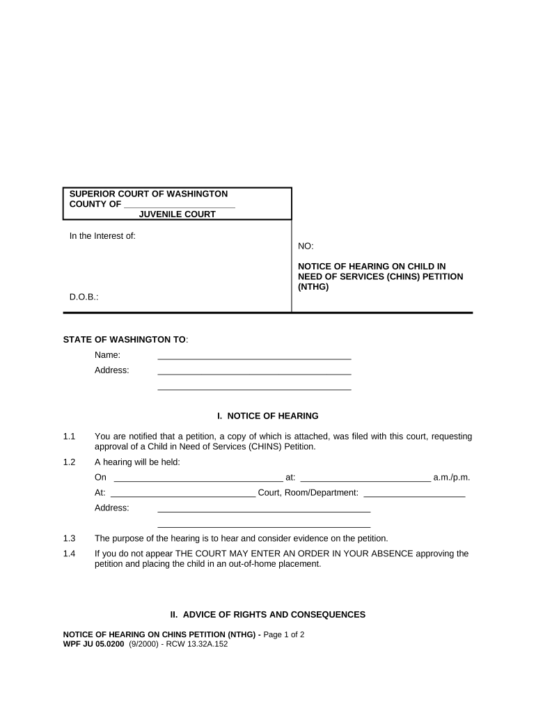 JU 05 0200 Notice of Hearing on Child in Need of Services Petition Washington  Form