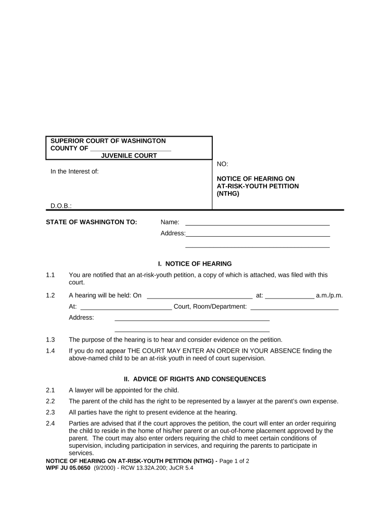 JU 05 0650 Notice of Hearing on at Risk Youth Petition Washington  Form