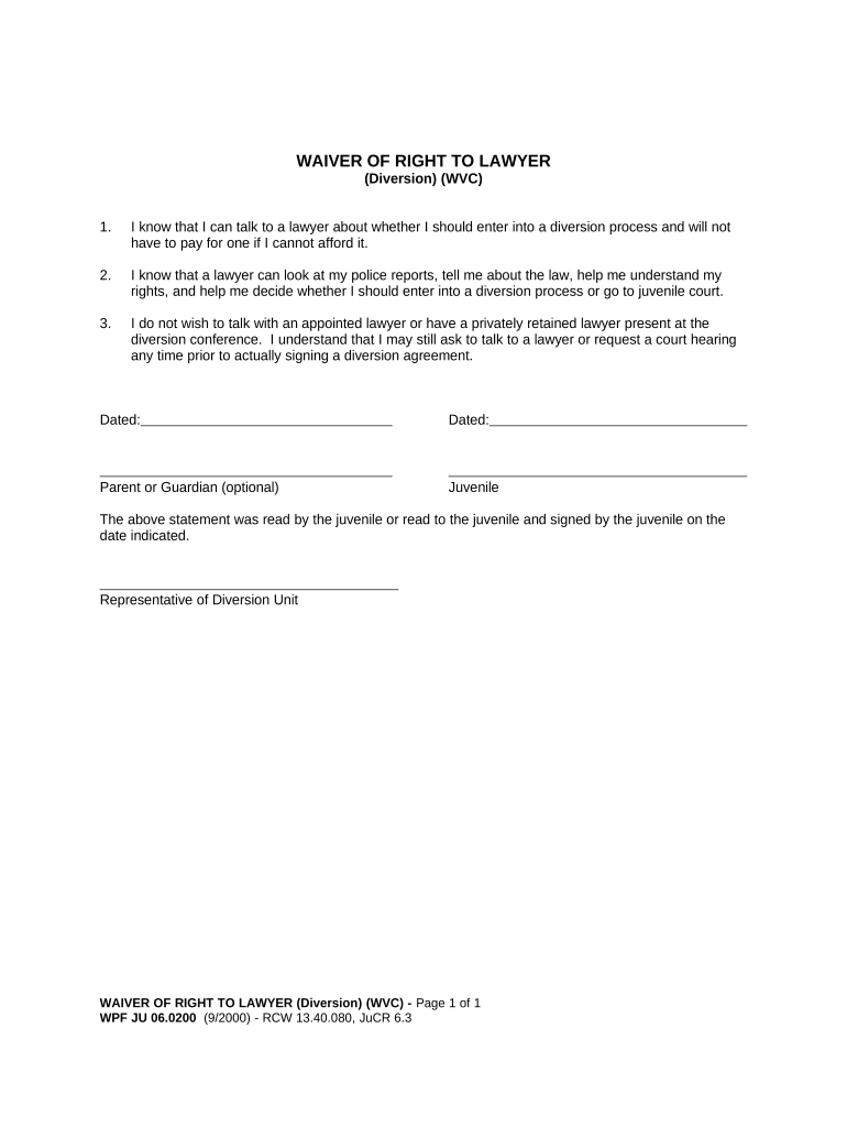 JU 06 0200 Waiver of Right to Lawyer Washington  Form