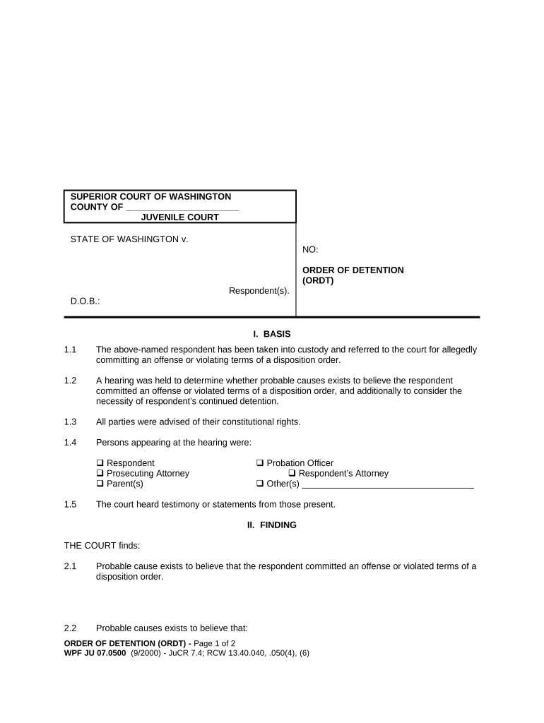 JU 07 0500 Order of Detention Washington  Form