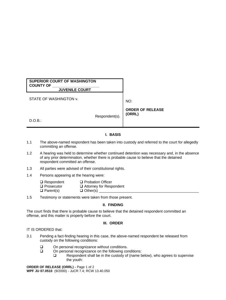 JU 07 0510 Order of Release Washington  Form