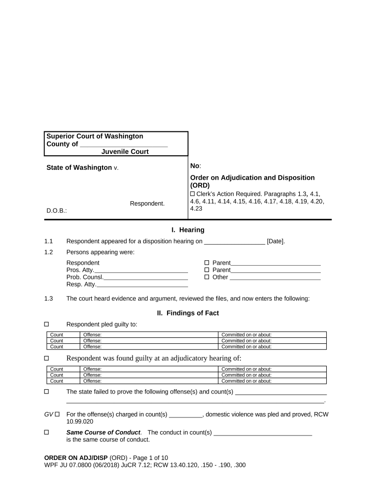 JU 07 0800 Order on Adjudication and Disposition Washington  Form