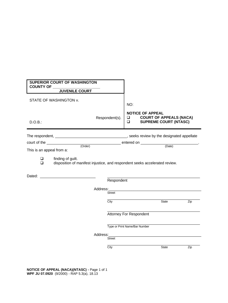 JU 07 0920 Notice of Appeal Washington  Form