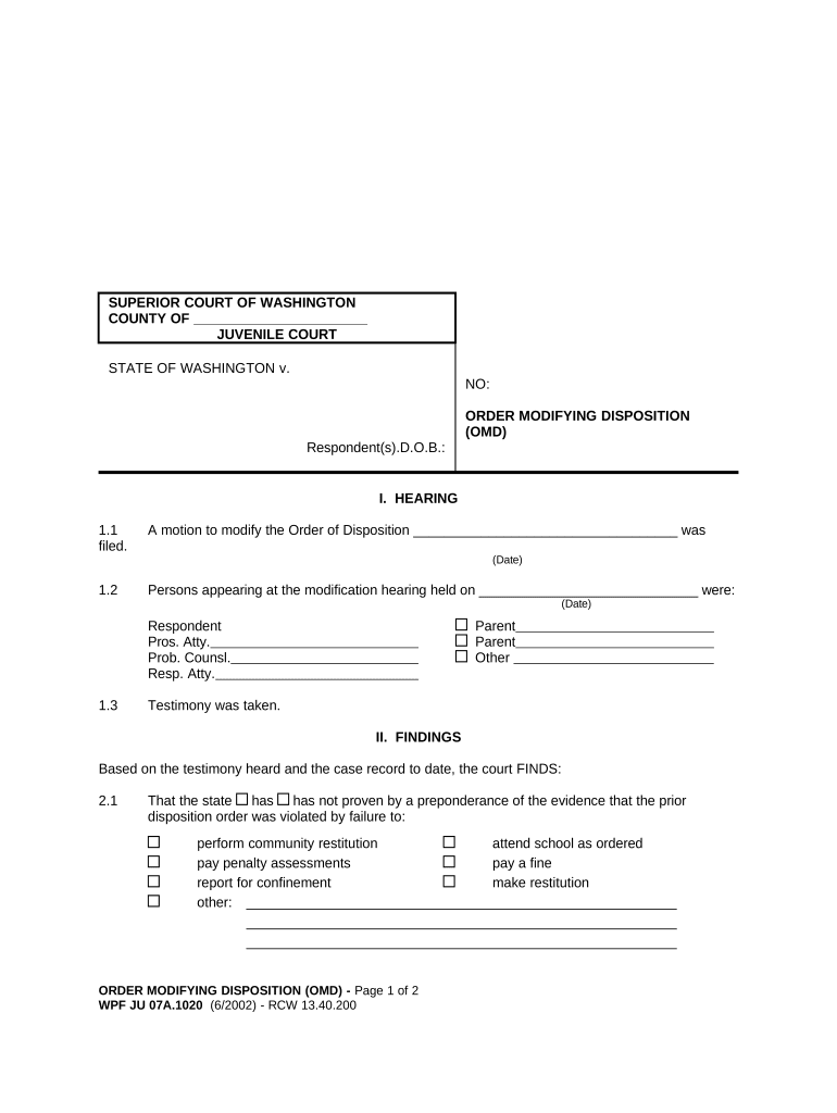 JU 07A 1020 Order Modifying Disposition Washington  Form