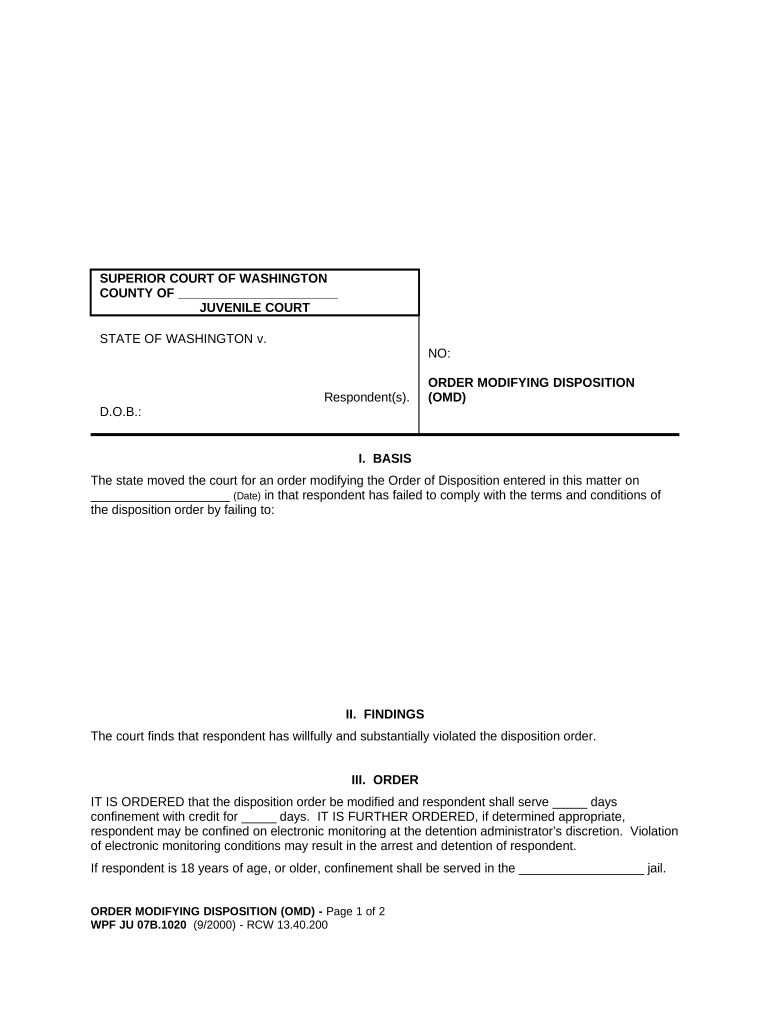JU 07B 1020 Order Modifying Disposition Washington  Form
