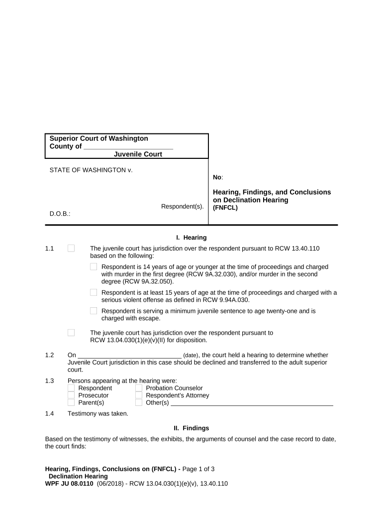 JU 08 0110 Hearing, Findings and Conclusions on Declination Hearing FNFCL Washington  Form