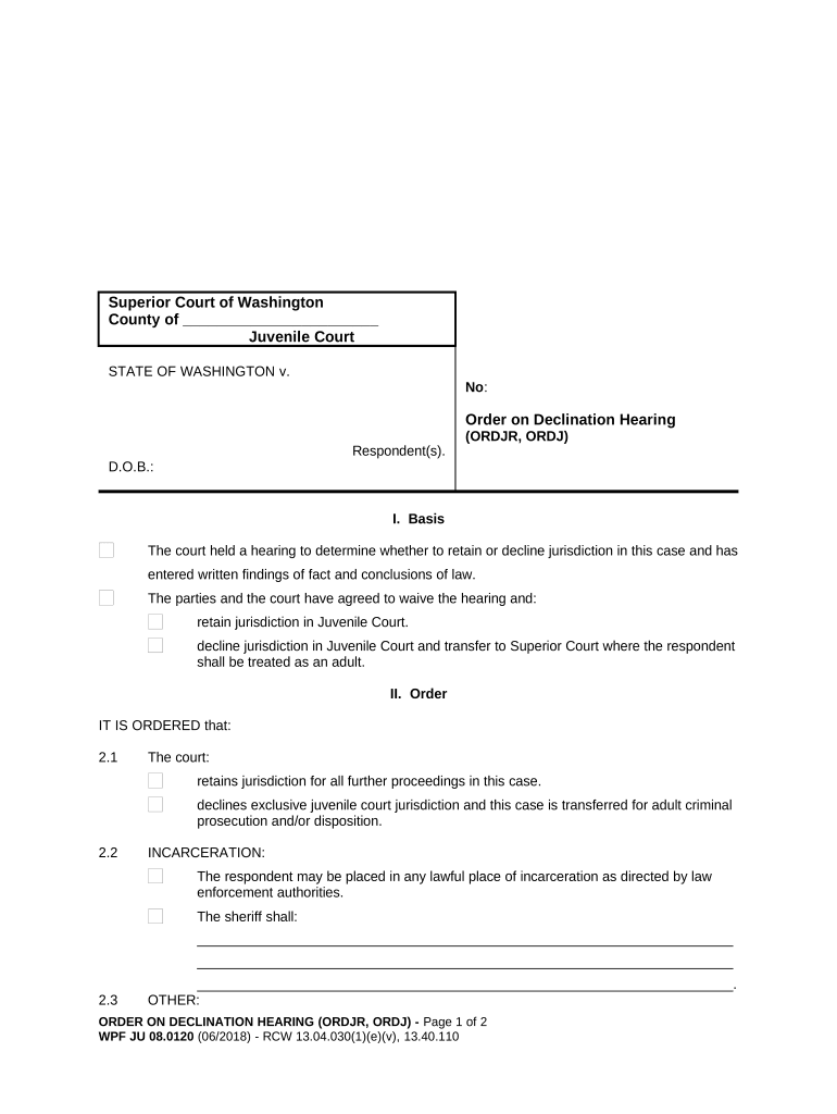 JU 08 0120 Order on Declination Hearing ORDJ Washington  Form