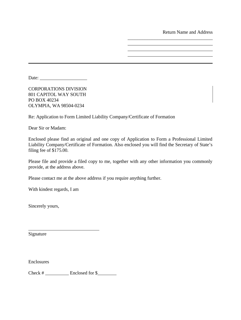 Sample Cover Letter for Filing of LLC Articles or Certificate with Secretary of State Washington  Form