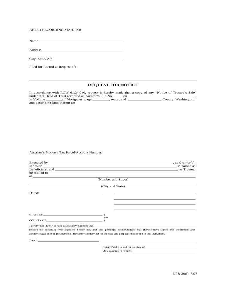 Request for Notice with Individual Acknowledgment Washington  Form